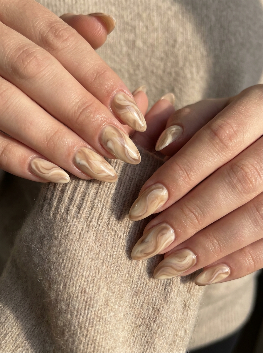 Latte Marble Almond Nails
